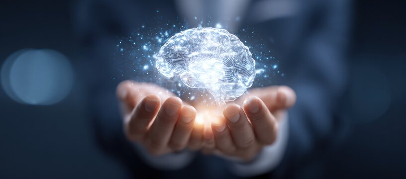 Hands holding glowing holographic brain with blue light particles.