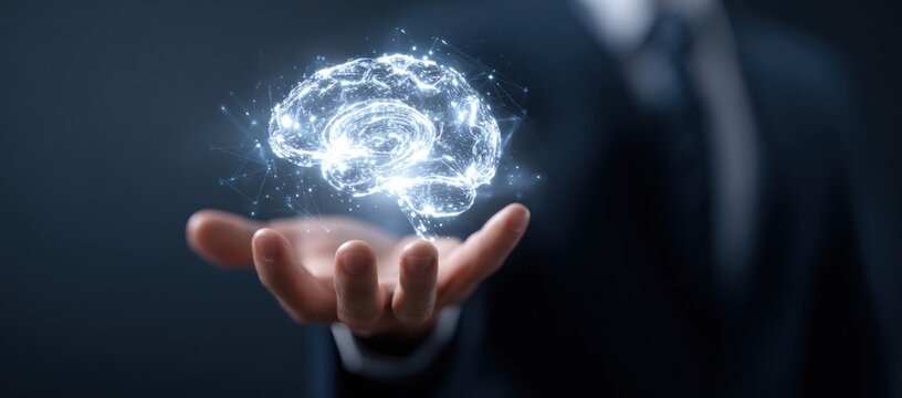 Businessman holding glowing holographic brain over dark background - Powered by Adobe