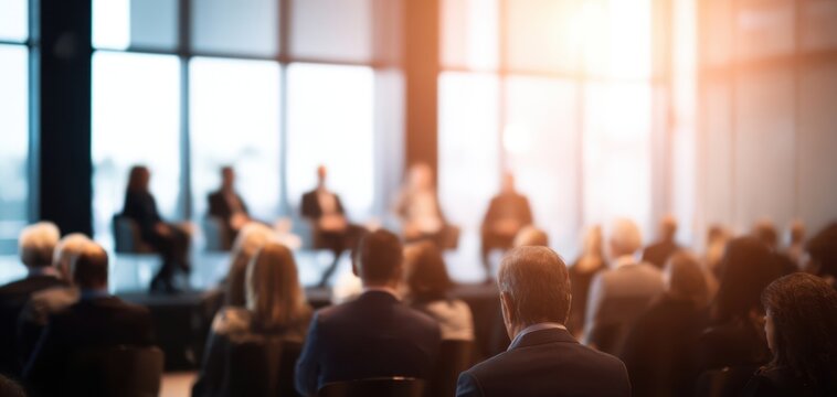 The audience at a professional business conference listening to panel speakers on stage