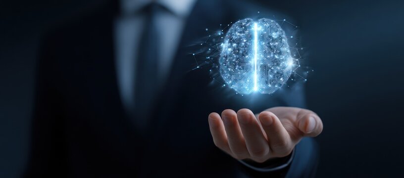 Businessman holding glowing digital brain concept over dark background.
