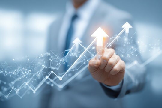 Businessman touching glowing upward trend line with network overlay