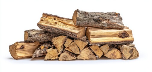 The firewood pile neatly stacked on a white background for winter fires