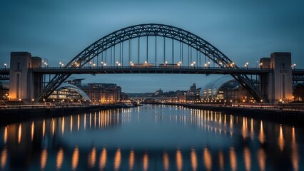 Naklejka premium Twilight view of Tyne Bridge with city lights reflections and Sage Gateshead concert hall