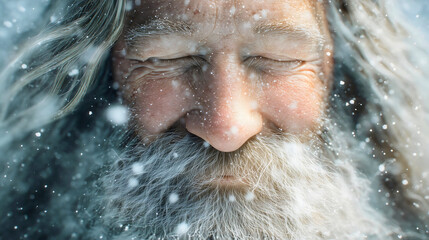 A close-up of Moses smiling in a snowstorm, an elderly biblical man with a white beard enjoying winter, a happy religious figure portrait, a peaceful cold weather face concept.