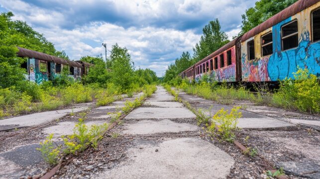 Exploring abandoned train cars covered in graffiti in a lush green setting