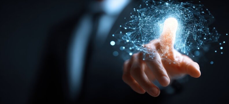 Businessman finger touching glowing digital network structure in darkness