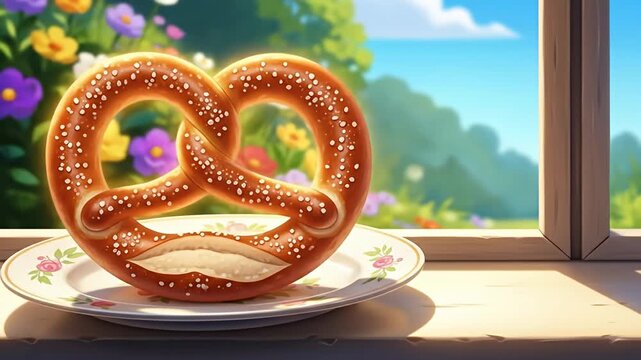 A delicious pretzel sits on a plate by a window overlooking a vibrant garden.