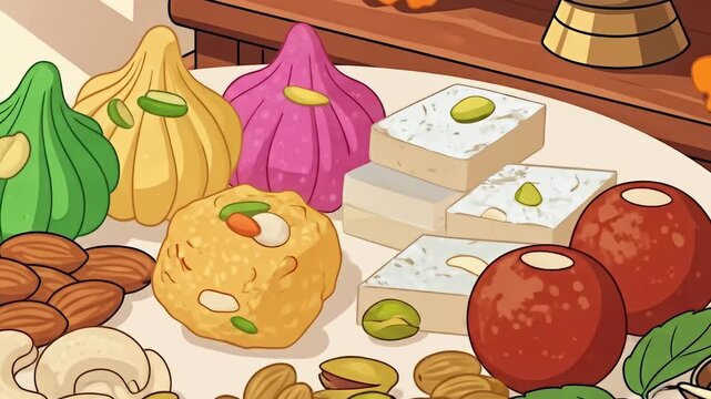 A vibrant illustration of traditional Indian sweets and nuts arranged on a plate, set on a carved wooden altar, ready for a festive celebration.