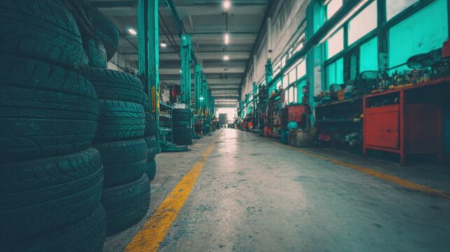 Busy auto repair shop with stacked tires and tools in the background