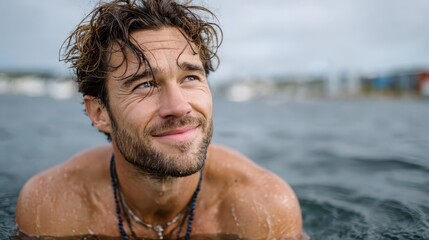 A man is floating in the ocean, looking up with a smile. His wet hair and glistening skin reflect a carefree moment, highlighting joy and serenity in nature's embrace.