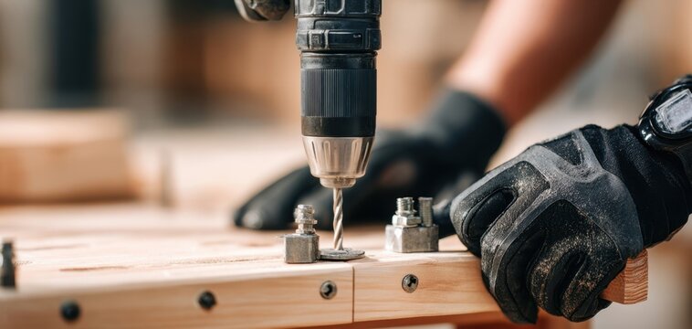 The drill securing bolts into a wooden frame by gloved hands during carpentry work