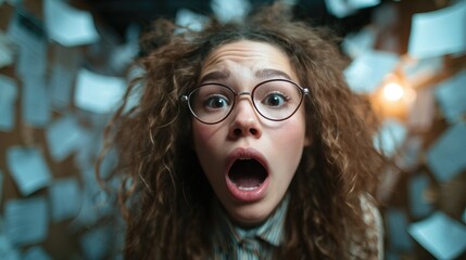 A surprised young woman with curly hair and glasses expresses shock and fear, set against a backdrop of scattered papers highlighting intense emotions and chaos.