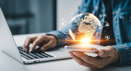 Dynamic global business connection with laptop and smartphone showcasing innovative technology and worldwide reach for international success and collaboration