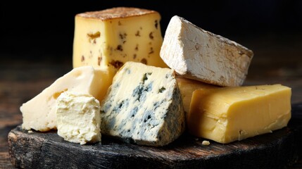 Various types of cheese arranged on a wooden board for a tasting event