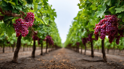 Grapes dangle from lush green vines in a vineyard. Row after row creates a serene setting with soft earth in the background. Concept of agriculture, winery, fresh produce