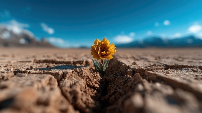 A vibrant yellow flower emerges defiantly from cracked earth, symbolizing resilience and hope amid environmental adversity in a striking desert landscape under a blue sky.