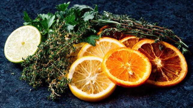 Fresh herbs and citrus slices arranged on a dark surface for cooking preparation