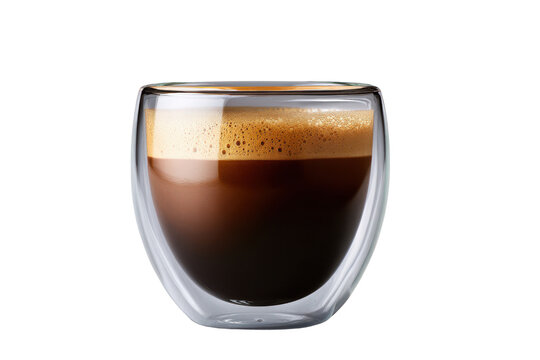 Double walled glass cup filled with dark espresso coffee and foamy crema drink beverage, Isolated On Transparent Background, Png Cut Out