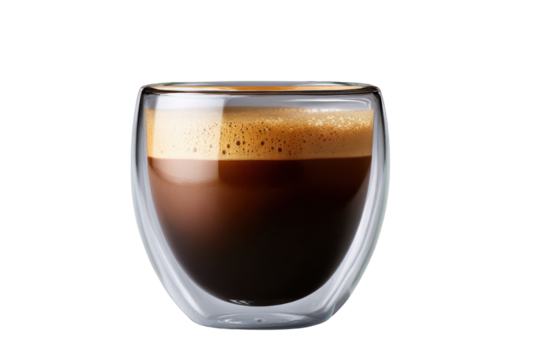 Double walled glass cup filled with dark espresso coffee and foamy crema drink beverage, Isolated On Transparent Background, Png Cut Out