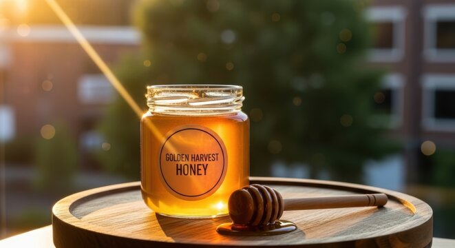 Golden honey in a jar with a wooden dipper outdoors