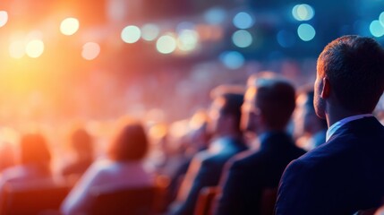 Naklejka premium Audience observes speaker during conference presentation at evening event