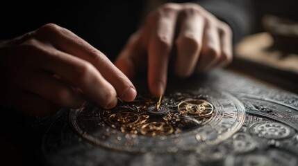 Watchmaker hands adjusting intricate clockwork mechanism