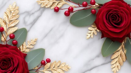 Red rose with golden leaves and berries on marble background. Floral decoration for Valentine&rsquo;s Day, Christmas, or anniversary. Elegant design for greeting card frame.