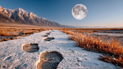 Footprints trail through the snowy landscape under a vast moonlit sky, creating a sense of intrigue and solitude against a breathtaking backdrop of mountain majesty.
