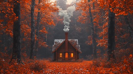 Cozy cabin in autumn forest with smoke rising from chimney