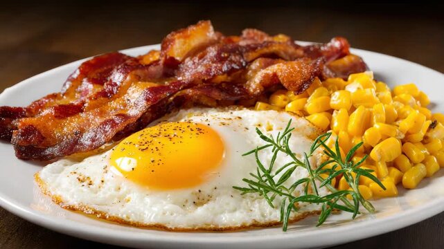 Plate with Sunny Side Up Egg and Brown Crispy Bacon with Sweet Corn and Rosemary Sprig on a White Plate and Dark Wooden Background Tasty