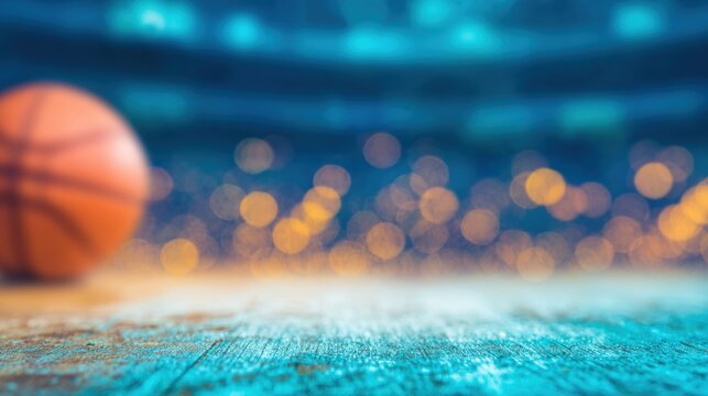 Basketball on court before a game with blurred crowd background