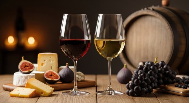 Wine, cheese, and grapes on rustic wooden table