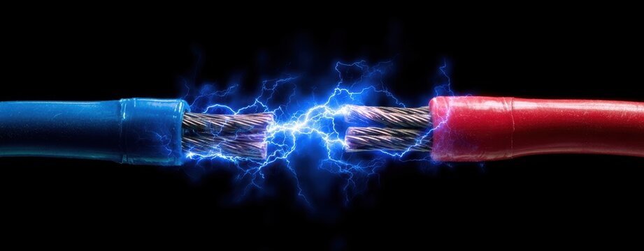 The Wires Sparking With Blue Electric Arc Between Red And Blue Insulation