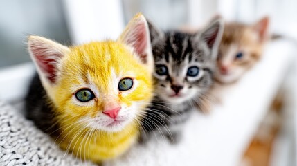 A delightful trio of adorable kittens with striking eyes vainly stare at the camera, radiating charm and playfulness that captures the heart of every viewer.