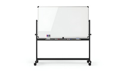 White, empty rectangular writing surface on rolling stand. Marker pens are included