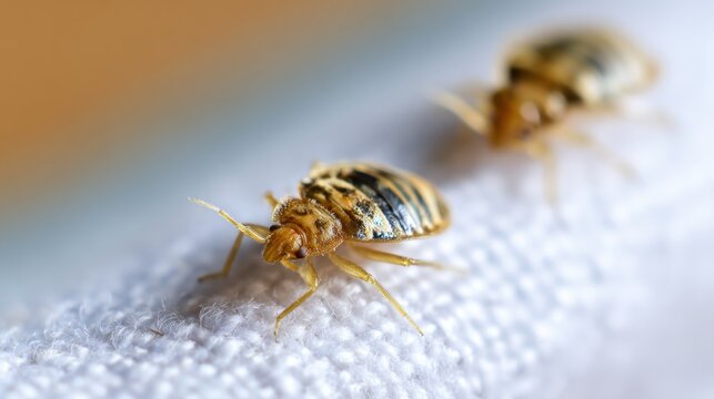 Close-up view of bed bugs on fabric in a domestic setting