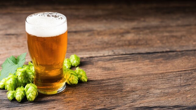 Enjoying craft beer with fresh hops on a rustic wooden table - Powered by Adobe