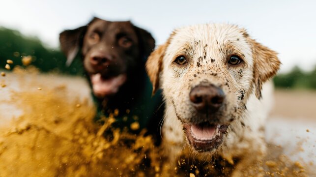 This image features two joyful dogs playing and splashing in muddy water, embodying pure happiness as they frolic and enjoy a fun day outdoors in nature's embrace.