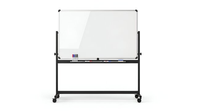 White, empty rectangular writing surface on rolling stand. Marker pens are included