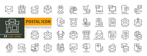 Minimalist Postal line icons set with editable stroke, featuring Postal office, mail, notification, love letter, post van, expenses, lock mail, letter, curosity, send mail. thin linear illustration.