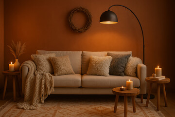 A cozy living room with a couch, pillows, candles, a lamp, and a wreath on a brown colored wall