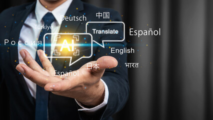 Businessman presenting artificial intelligence language translation above his open hand. Glowing AI logo inside a speech bubble surrounded by several languages