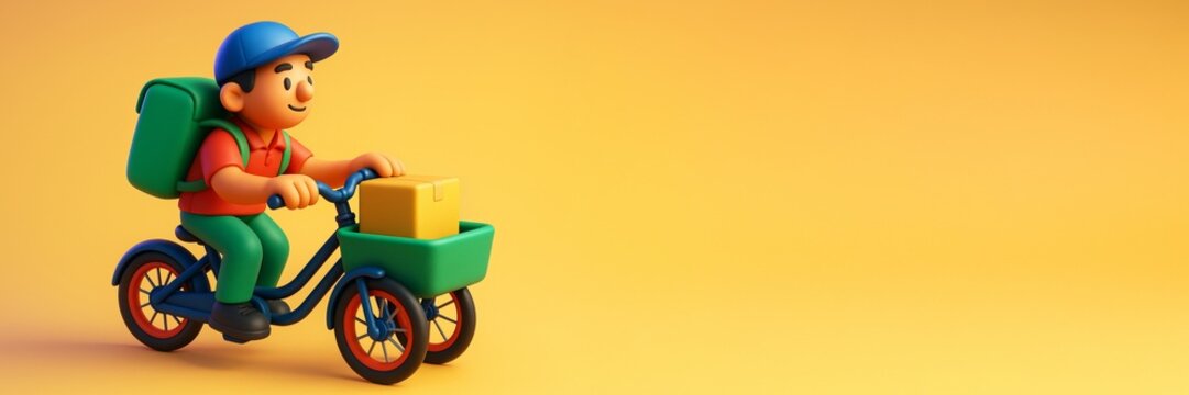 Cartoon delivery man riding bike with package on yellow background with empty copyspace for advertising, banner, or promotional poster design. Ai generative