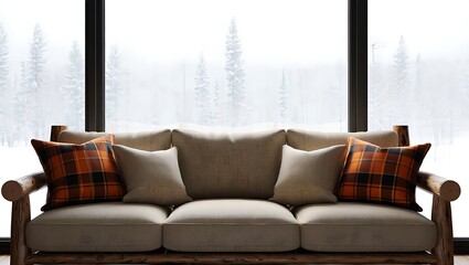 Cozy Sofa with Plaid Pillows and Winter Forest View Background