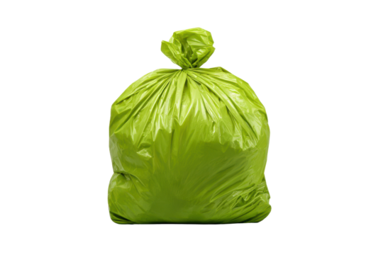 Bright Green Plastic Trash Bag Tied Closed Against Black Background garbage, Isolated On Transparent Background, Png Cut Out