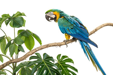 Colorful blue yellow and green macaws perched on a branch in a tropical jungle