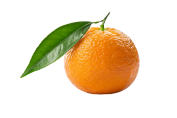 A vibrant, ripe mandarin orange with a fresh green leaf attached, isolated on a pure white background, showcasing its natural beauty and freshness