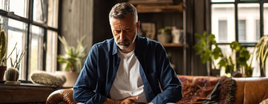 The man seated on a leather sofa in a sunlit cozy living room - Powered by Adobe