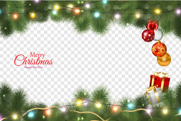 Festive Christmas and New Year Border with Fir Branches, Lights, and Gifts
