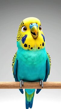Cheerful 3D cartoon budgie (parakeet) with bright blue and yellow feathers sitting on a perch and happily talking, ideal for social media apps. Vertical. Video. Portrait Orientation.